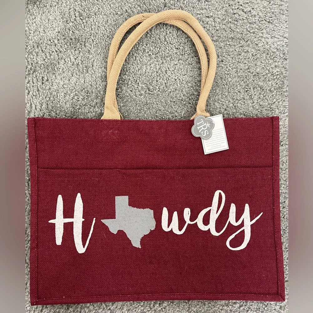 The Royal Standard Howdy Texas Canvas Tote Bag in Burgundy with Front Pocket